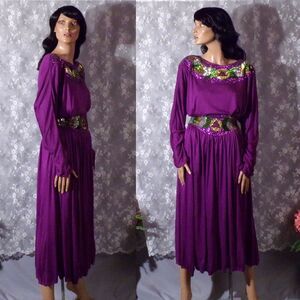 Vintage 80s Skirt & Top 1980s Purple Sequin Boho Disco Artsy Hippie Size Medium